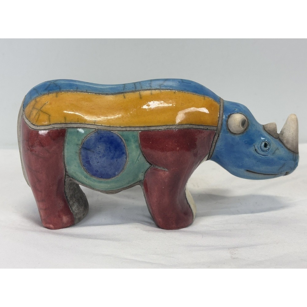 Vtg Fenix Rake Pottery Rhino Rhinoceros Signed South Africa Colorful